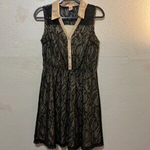 Black Lace Beige Interior Button Down Above the Knee Dress  Size M